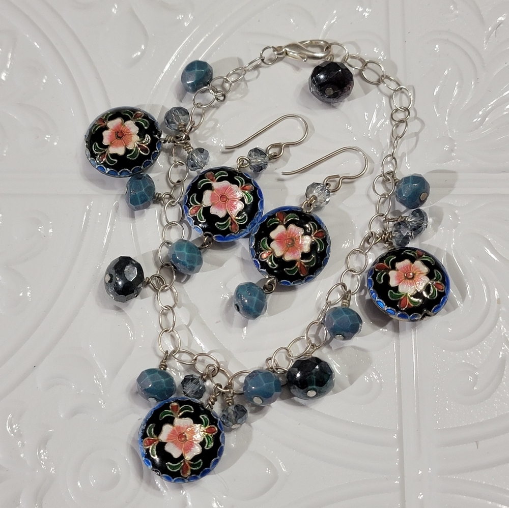 Cloisonne Flower Bracelet and Earring Matching Set Demi Parure